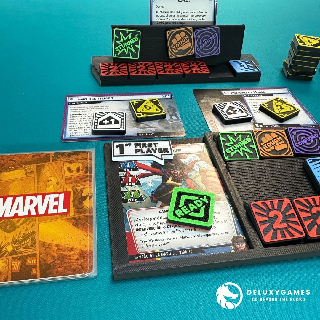 Marvel Champions: 2 tableros + 85 Tokens IMANTADOS de estado, daño, amenaza, aceleración y genéricos