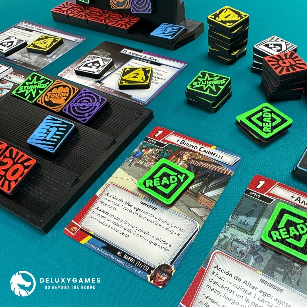 Marvel Champions: 2 tableros + 85 Tokens IMANTADOS de estado, daño, amenaza, aceleración y genéricos