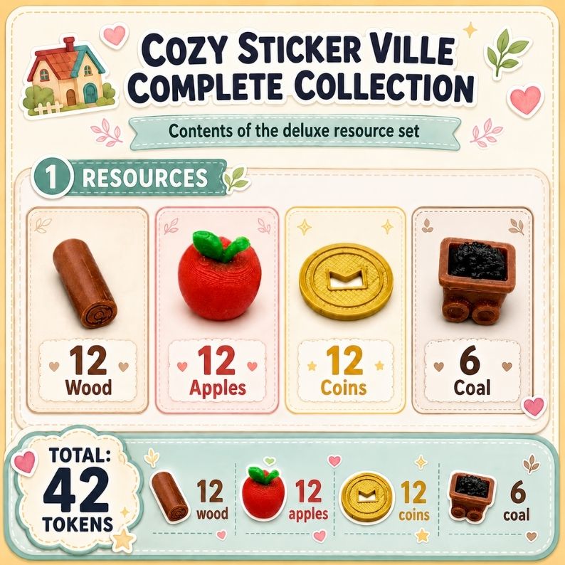 Cozy Stickerville Deluxe Resource Tokens Upgrades & 3D Printed Accessories | DeluxyGames