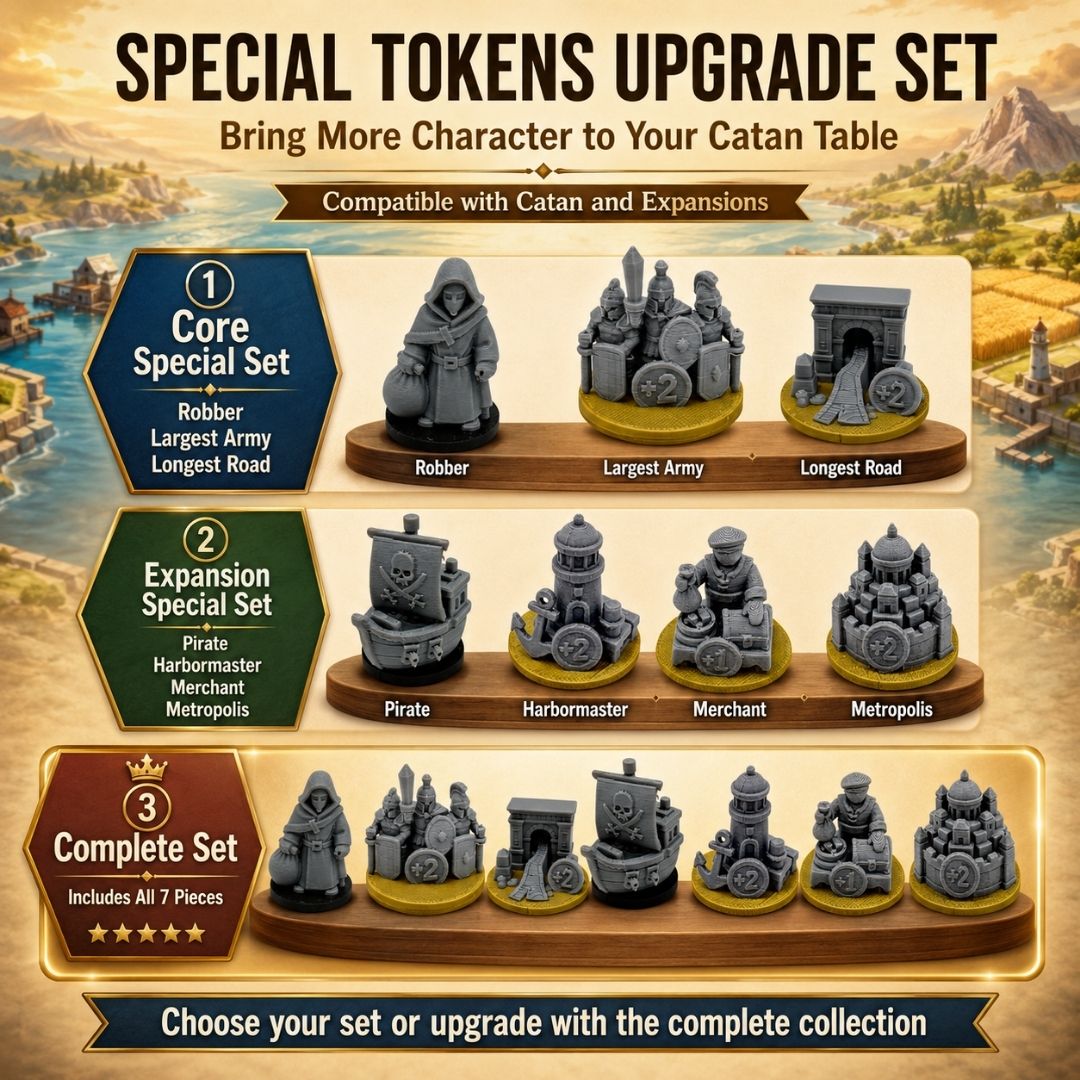 Catan Special Tokens Deluxe Upgrade Set Upgrades & 3D Printed Accessories | DeluxyGames
