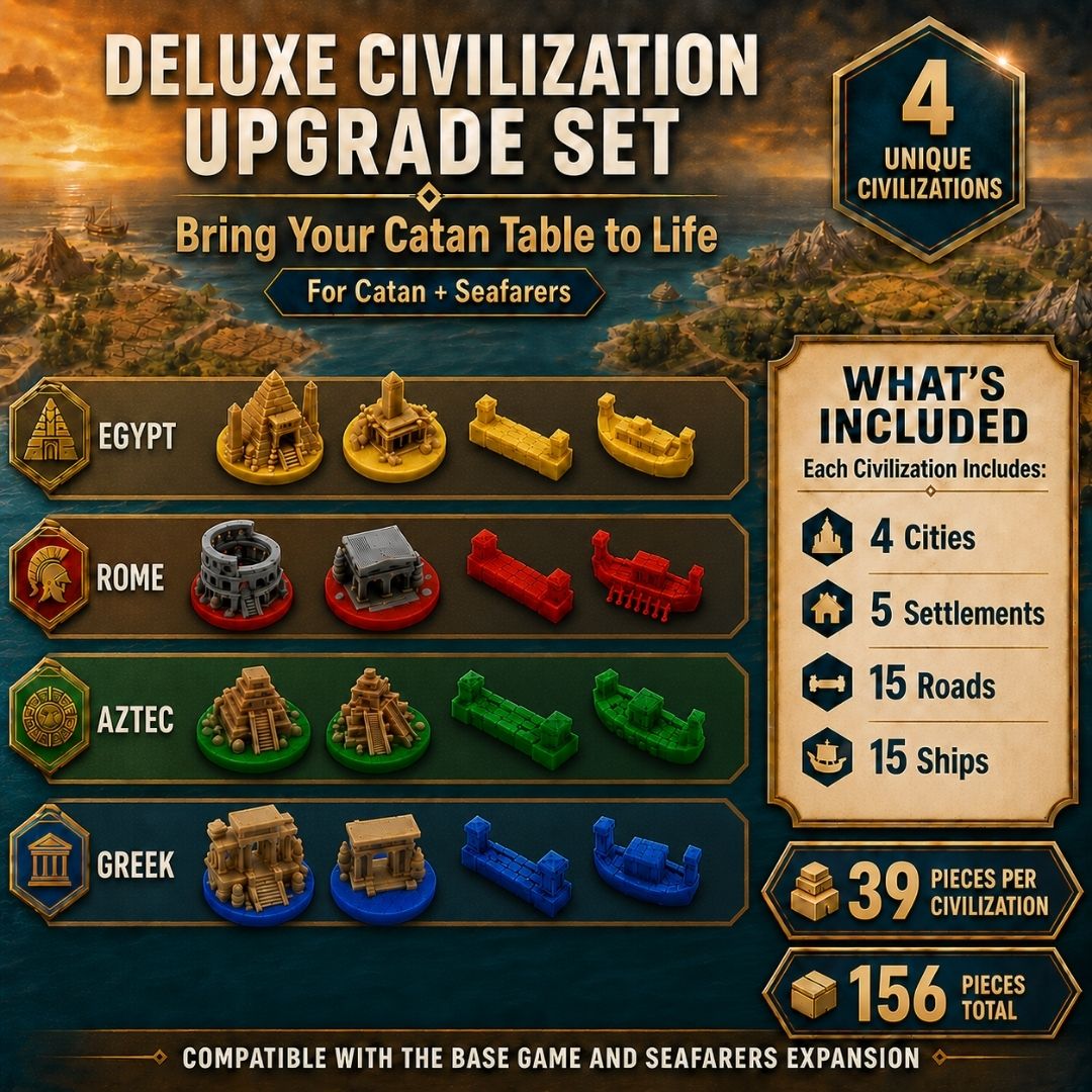 Catan Ancient Civilizations Upgrade Set Upgrades & 3D Printed Accessories | DeluxyGames