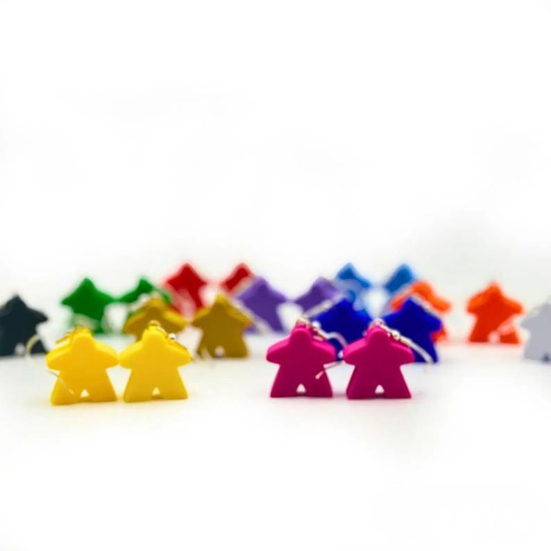 Meeple Earrings – Colorful Board Game Jewelry (Set of 10 Colors) Upgrades & 3D Printed Accessories | DeluxyGames