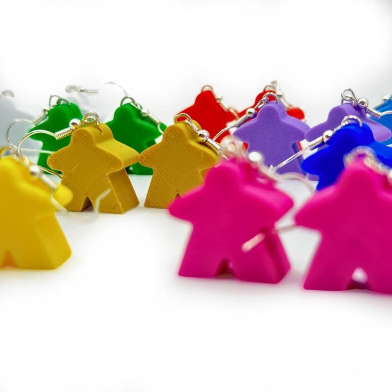 Meeple Earrings – Colorful Board Game Jewelry (Set of 10 Colors) Upgrades & 3D Printed Accessories | DeluxyGames