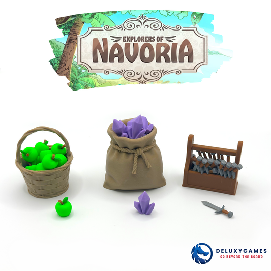 Explorers of Navoria: Deluxe Upgrade Kit [57 Pieces] Apples, Swords, Crystals & Resource Holders | Premium Board Game Accessories