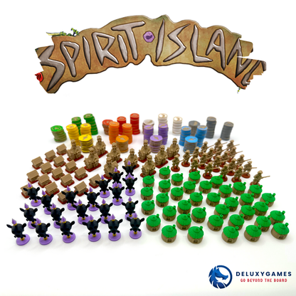 Spirit Island Deluxe Upgrade Set with 254 premium pieces including presence tokens, Dahan huts, fear markers, invaders, and element icons
