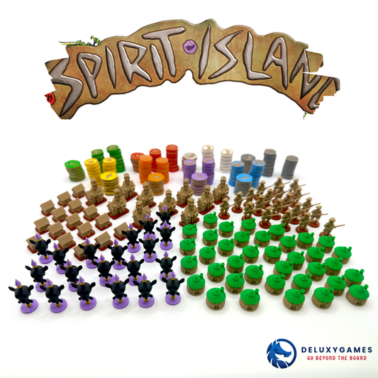 Spirit Island Deluxe Upgrade Set with 254 premium pieces including presence tokens, Dahan huts, fear markers, invaders, and element icons